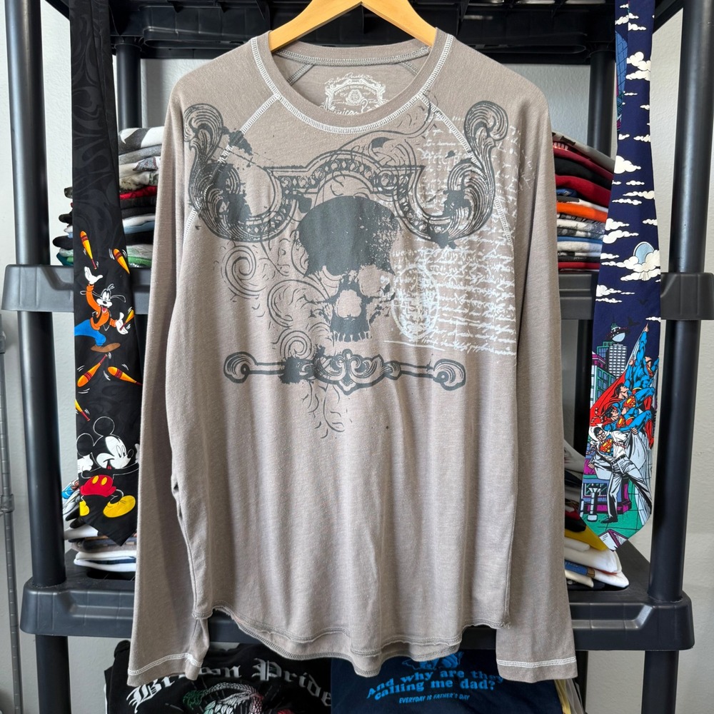 Y2K Brown American Rag Skull Zodiac Graphic Long Sleeve Tee Large